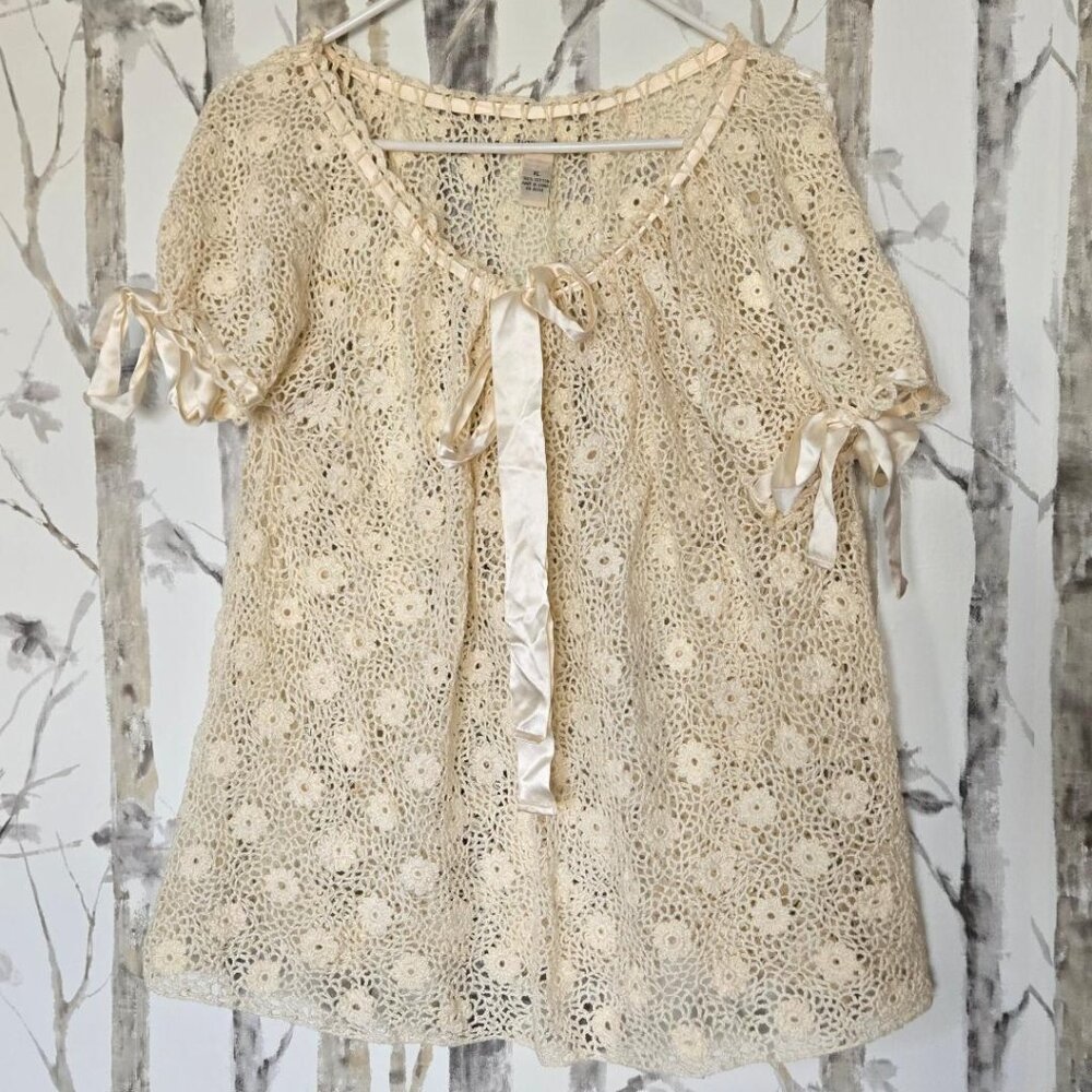 Lucky Brand Ivory Crochet Top with Satin Ribbons XL
